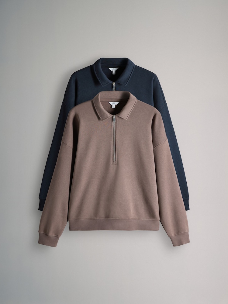 The Set Navy/Light Brown 2 Pack Collared Zip Sweatshirt - Image 1 of 5