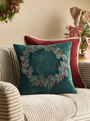 Green Embroided Christmas Wreath 50 X 50cm Cushion - Image 1 of 4