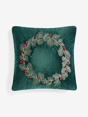 Green Embroided Christmas Wreath 50 X 50cm Cushion - Image 2 of 4