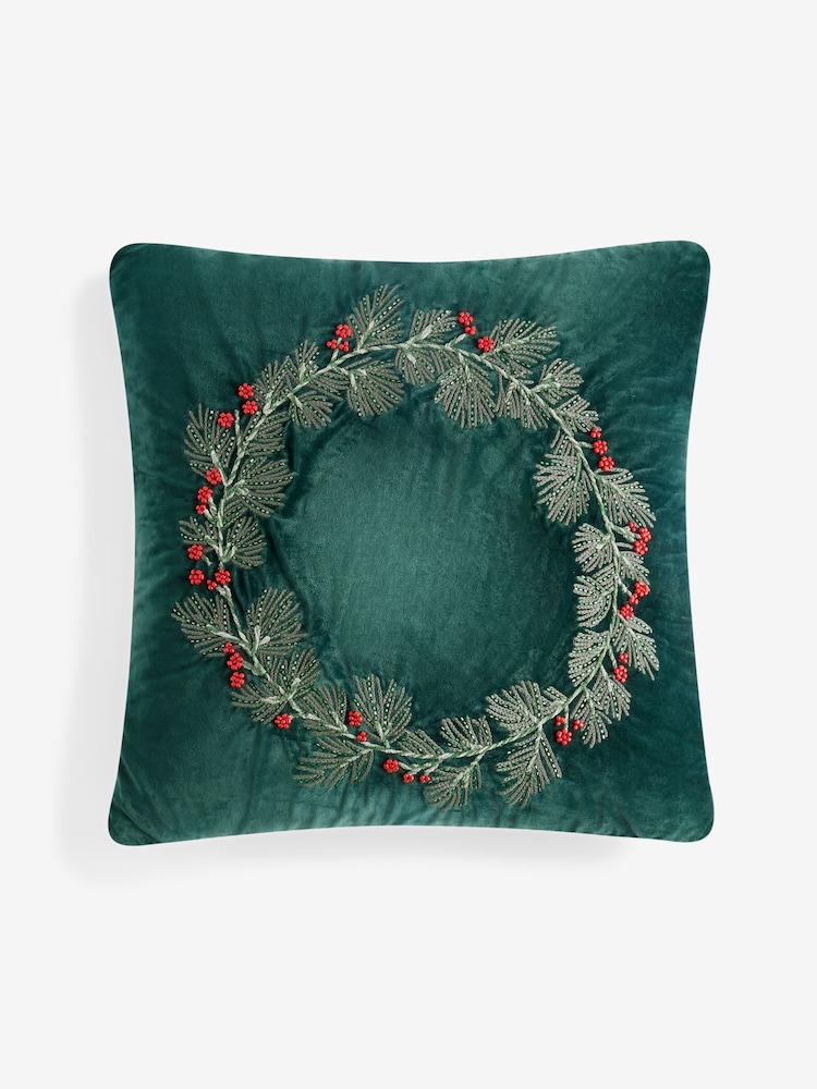 Green Embroided Christmas Wreath 50 X 50cm Cushion - Image 2 of 4