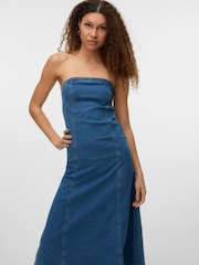 VERO MODA Blue Bandeau Denim Midi Dress - Image 1 of 6