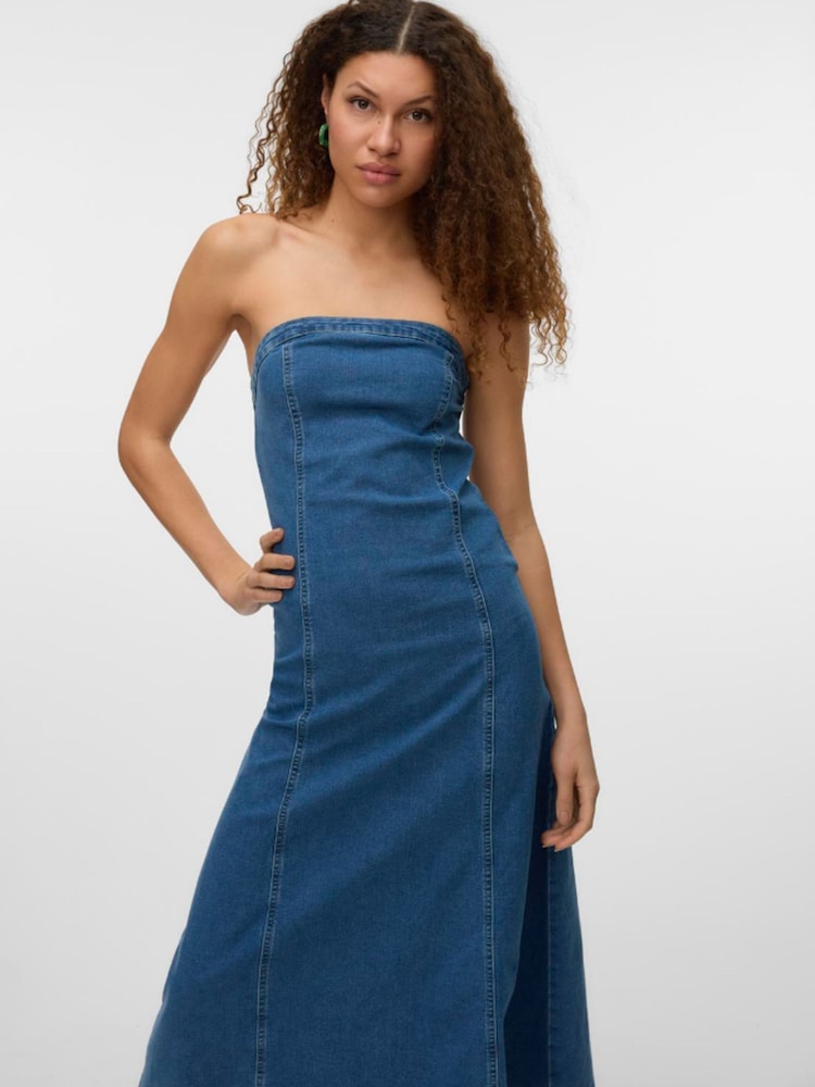 VERO MODA Blue Bandeau Denim Midi Dress - Image 1 of 6