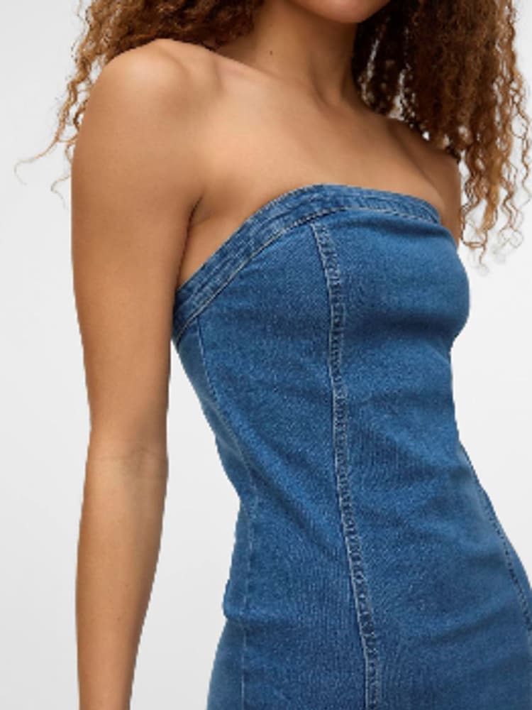 chinese dress ladies Atun Denim Bandeau Maxi Dress in Brown Blue Acid Wash