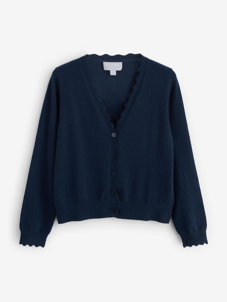 Pure Collection Blue Cashmere Crop Scalloped Cardigan - Image 1 of 6