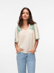 VERO MODA Cream Embroidered Short Sleeve Blouse - Image 1 of 5