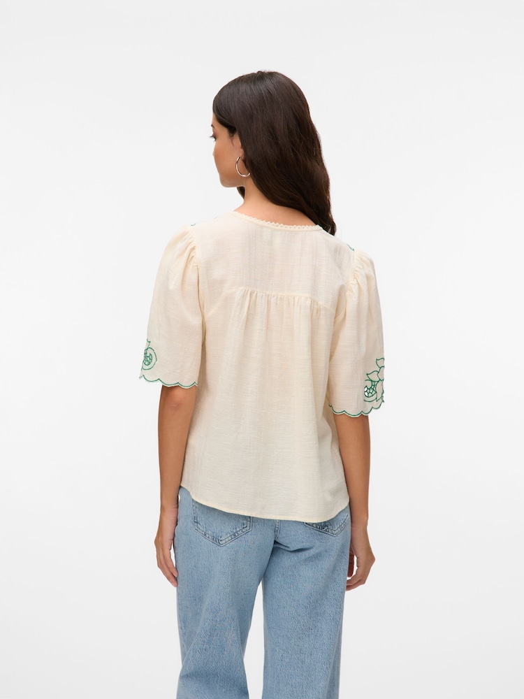 VERO MODA Cream Embroidered Short Sleeve Blouse - Image 2 of 5