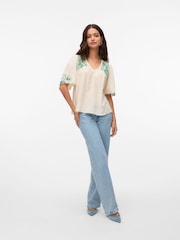 VERO MODA Cream Embroidered Short Sleeve Blouse - Image 3 of 5