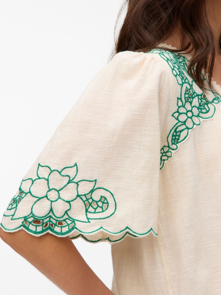 VERO MODA Cream Embroidered Short Sleeve Blouse - Image 5 of 5