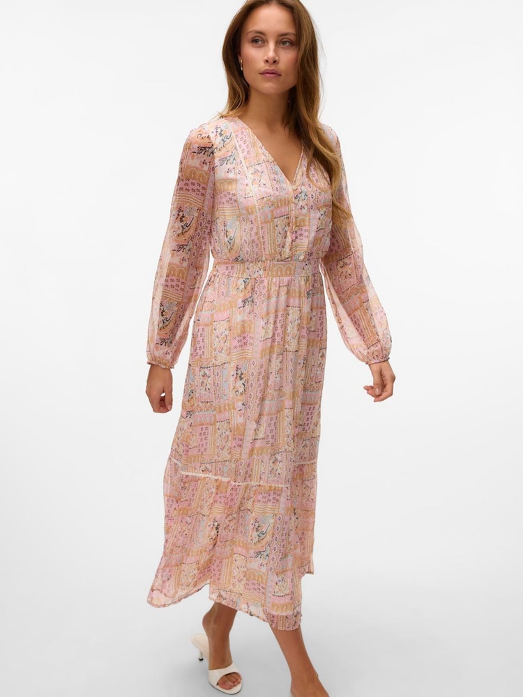 VERO MODA Pink Printed Tiered Long Sleeve Maxi Dress - Image 2 of 4
