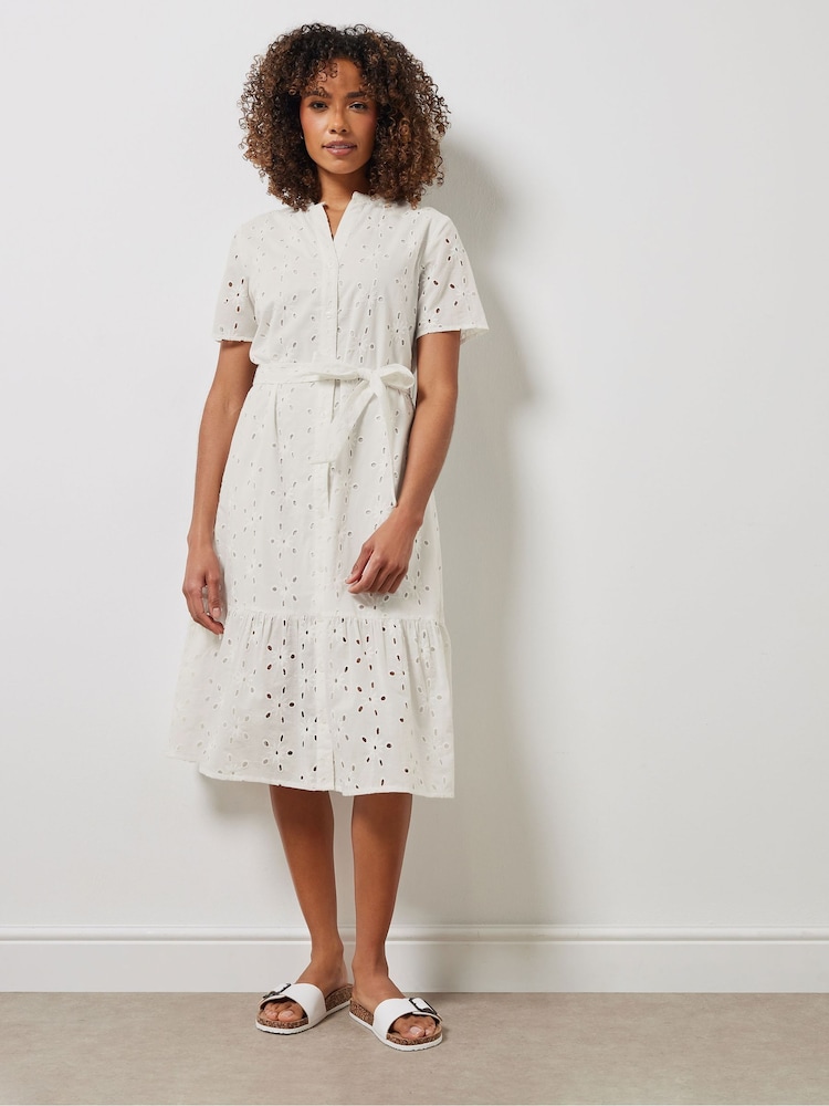 M&Co White Broderie Notch Neck 100% Cotton Shirt Dress - Image 2 of 6