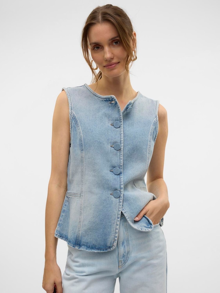 VERO MODA Blue Button Detail Denim Waistcoat - Image 1 of 4