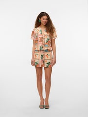 VERO MODA Pink Tropical Postcard Print Tie Front Shirt - Image 2 of 7