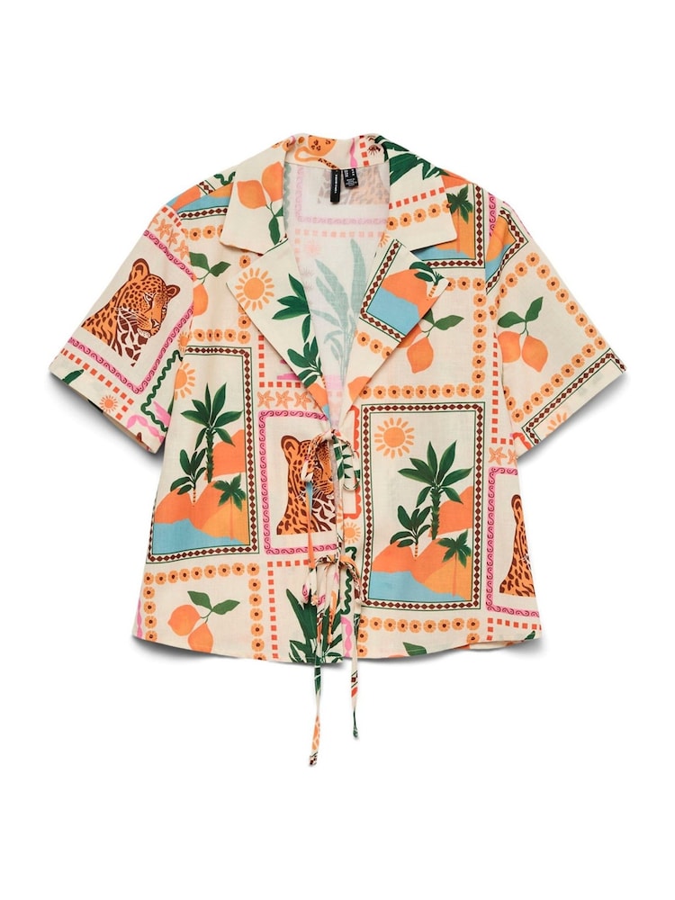 VERO MODA Pink Tropical Postcard Print Tie Front Shirt - Image 7 of 7