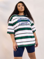 Yours Curve Green Contrast Neck 100% Cotton Stripe Top - Image 4 of 5