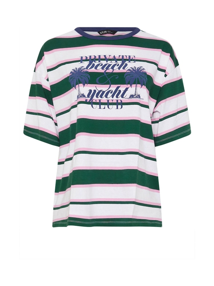 Yours Curve Green Contrast Neck 100% Cotton Stripe Top - Image 5 of 5