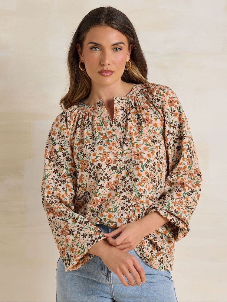 Long Tall Sally Natural Ditsy Half Button Shirt - Image 1 of 5