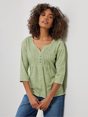 M&Co Green 100% Cotton Ditsy 3/4 Sleeve Henley T-Shirt - Image 2 of 5