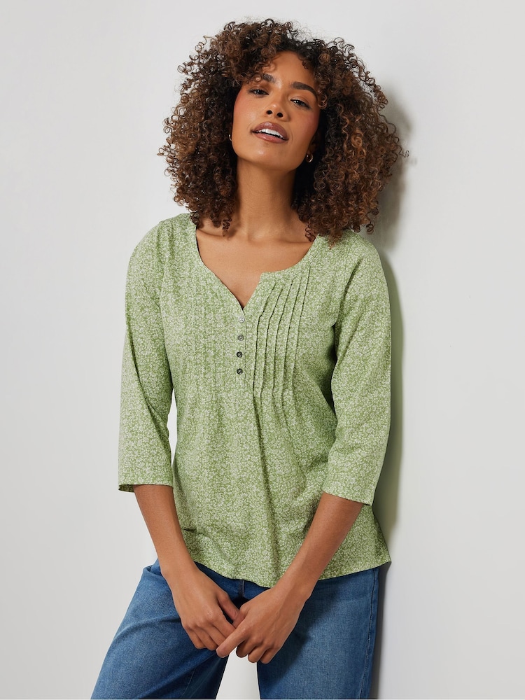 M&Co Green 100% Cotton Ditsy 3/4 Sleeve Henley T-Shirt - Image 2 of 5