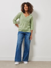 M&Co Green 100% Cotton Ditsy 3/4 Sleeve Henley T-Shirt - Image 3 of 5