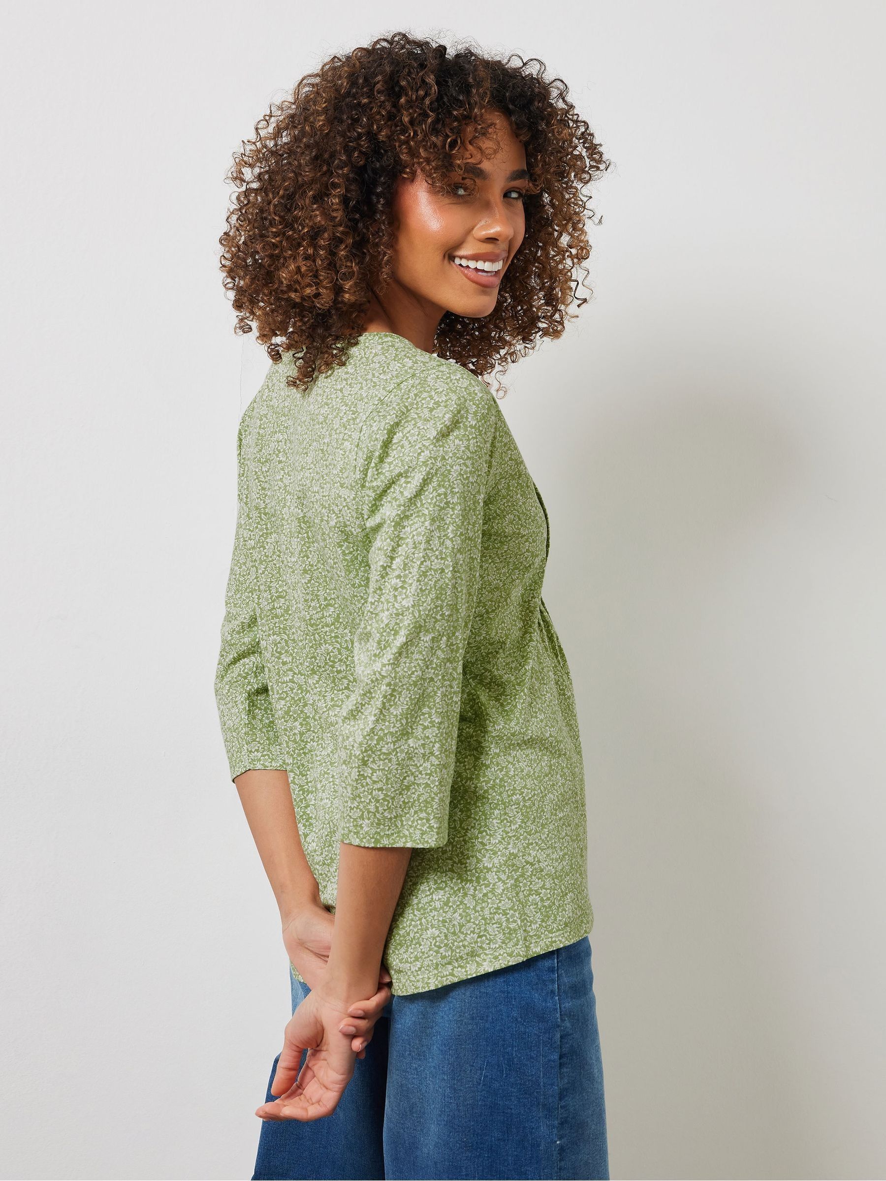 Buy M&Co Green 100% Cotton Ditsy 3/4 Sleeve Henley T-Shirt from