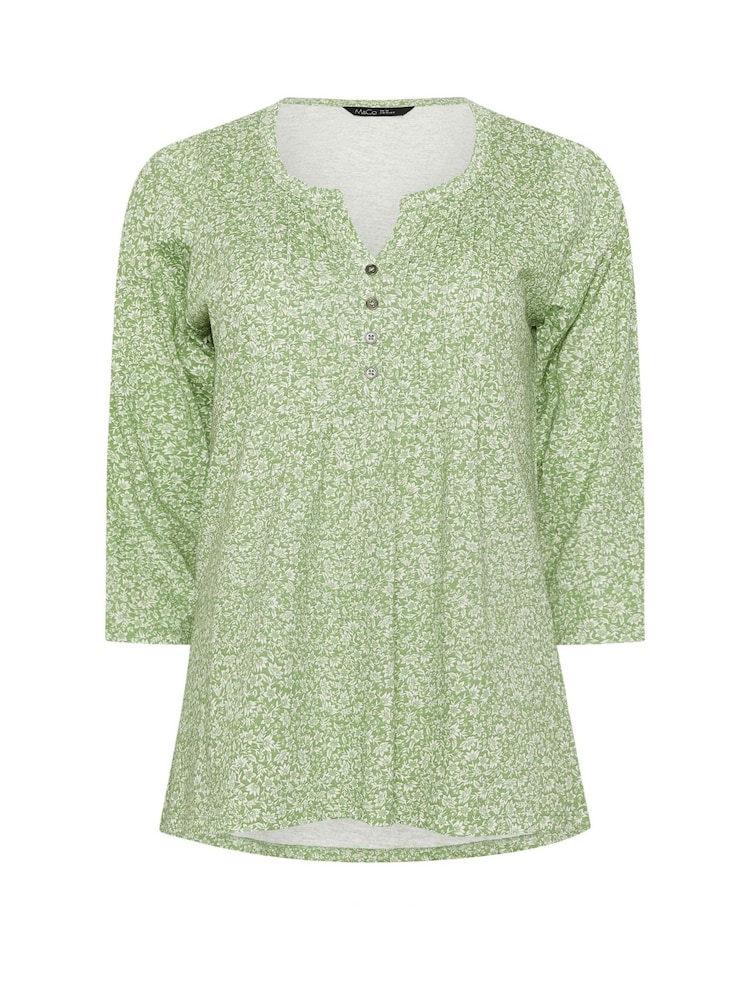 M&Co Green 100% Cotton Ditsy 3/4 Sleeve Henley T-Shirt - Image 5 of 5