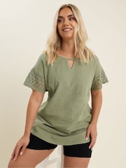 Yours Curve Green Crochet Cheesecloth 100% Cotton T-Shirt - Image 1 of 5