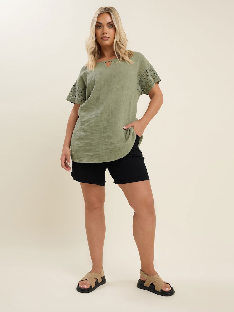 Yours Curve Green Crochet Cheesecloth 100% Cotton T-Shirt - Image 2 of 5