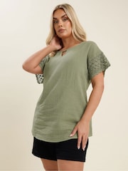 Yours Curve Green Crochet Cheesecloth 100% Cotton T-Shirt - Image 3 of 5