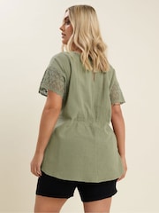 Yours Curve Green Crochet Cheesecloth 100% Cotton T-Shirt - Image 4 of 5