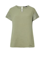 Yours Curve Green Crochet Cheesecloth 100% Cotton T-Shirt - Image 5 of 5