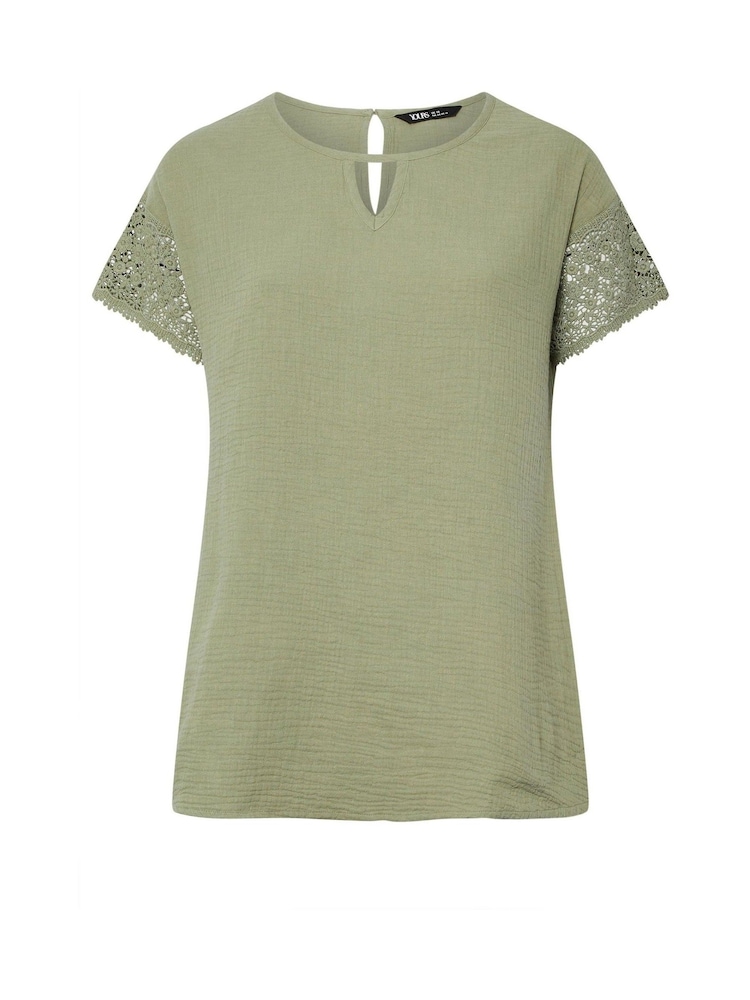 Yours Curve Green Crochet Cheesecloth 100% Cotton T-Shirt - Image 5 of 5