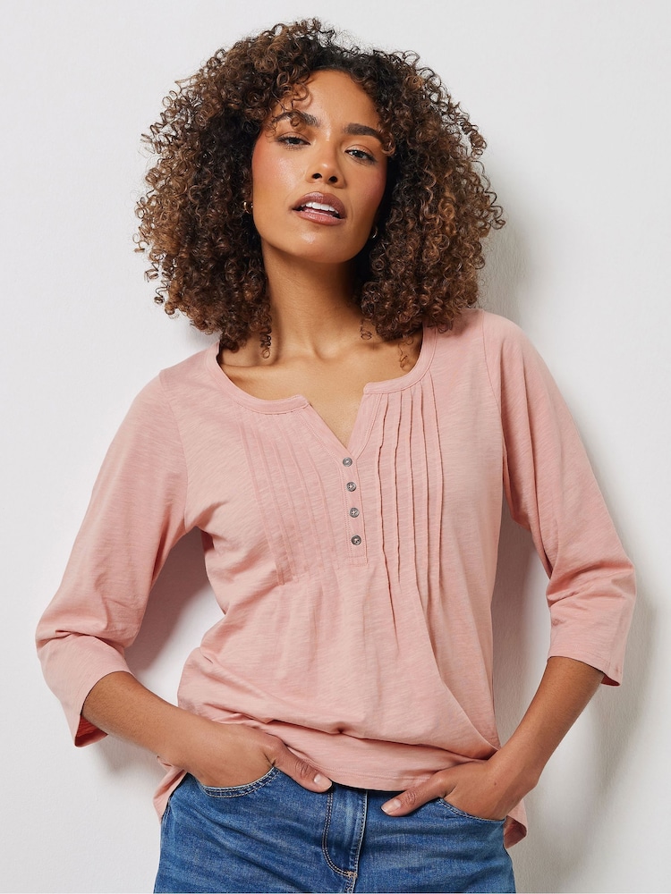 M&Co Pink 100% Cotton 3/4 Sleeve Henley T-Shirt - Image 2 of 5