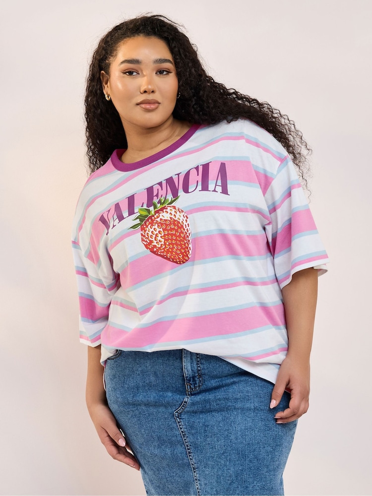 Yours Curve Pink Contrast Neck 100% Cotton Stripe Top - Image 1 of 5