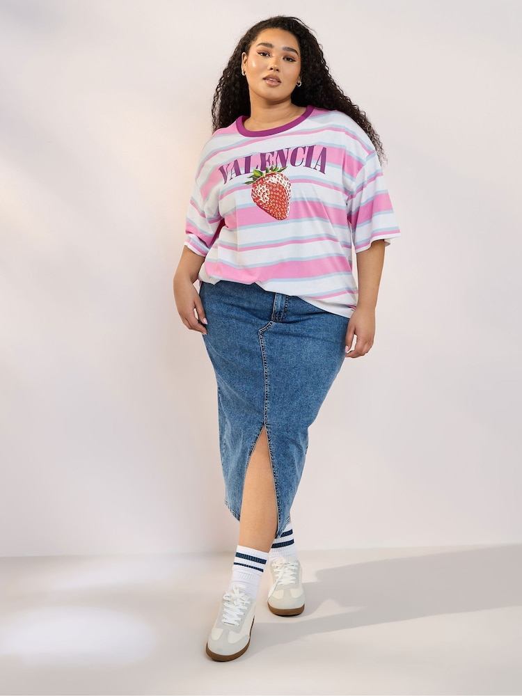 Yours Curve Pink Contrast Neck 100% Cotton Stripe Top - Image 2 of 5