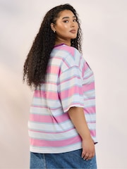 Yours Curve Pink Contrast Neck 100% Cotton Stripe Top - Image 3 of 5