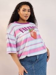 Yours Curve Pink Contrast Neck 100% Cotton Stripe Top - Image 4 of 5