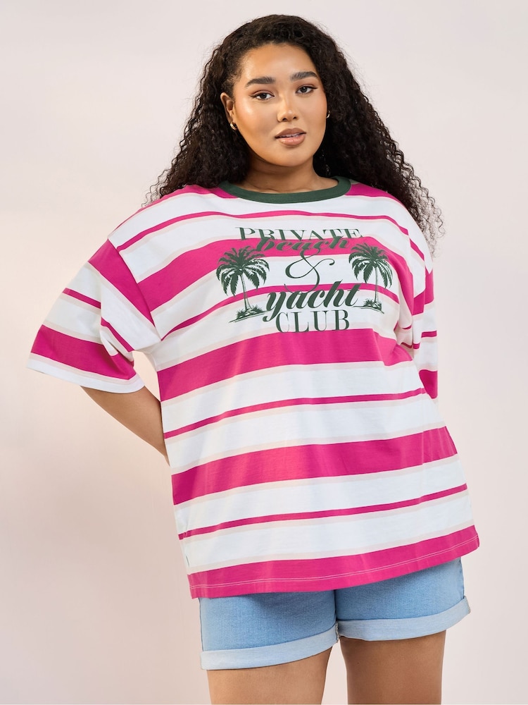 Yours Curve Pink Bolt Contrast Neck 100% Cotton Stripe Top - Image 1 of 5