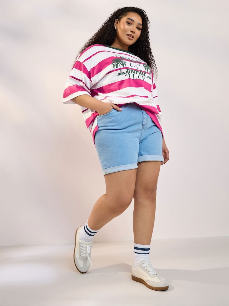 Yours Curve Pink Bolt Contrast Neck 100% Cotton Stripe Top - Image 2 of 5