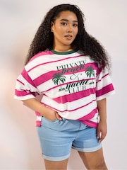 Yours Curve Pink Bolt Contrast Neck 100% Cotton Stripe Top - Image 4 of 5