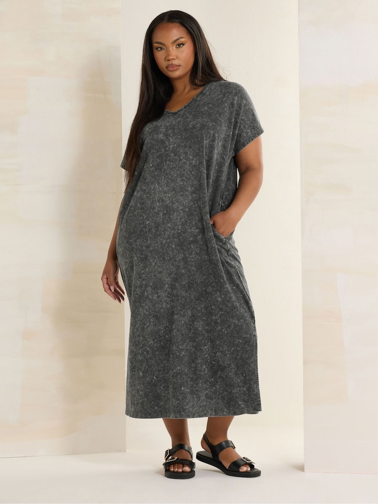 Yours Curve Grey Acid Wash Heavy Throw On 100% Cotton Dress - Image 1 of 5