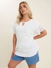 Yours Curve White Crochet Cheesecloth 100% Cotton T-Shirt - Image 1 of 5