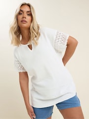Yours Curve White Crochet Cheesecloth 100% Cotton T-Shirt - Image 3 of 5