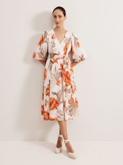 Phase Eight White/Orange Violet Midi Dress - Image 1 of 6