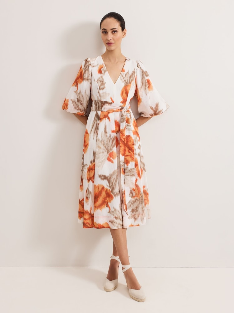 Phase Eight White/Orange Violet Midi Dress - Image 1 of 6