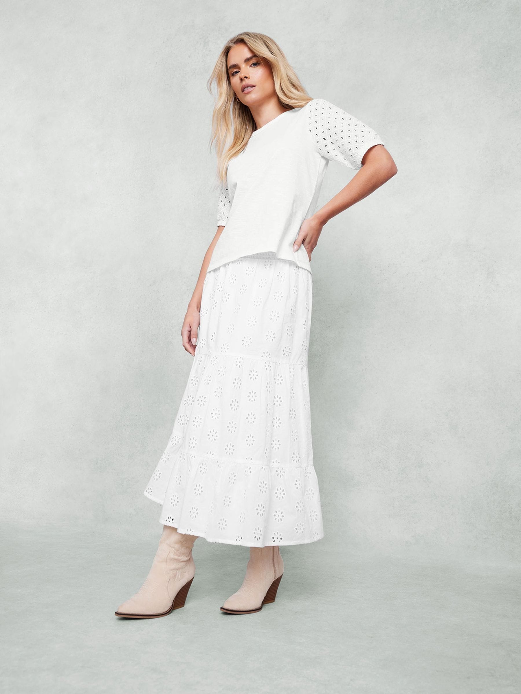 M&Co White Petite 100% Cotton Shirred Waist Broderie Skirts