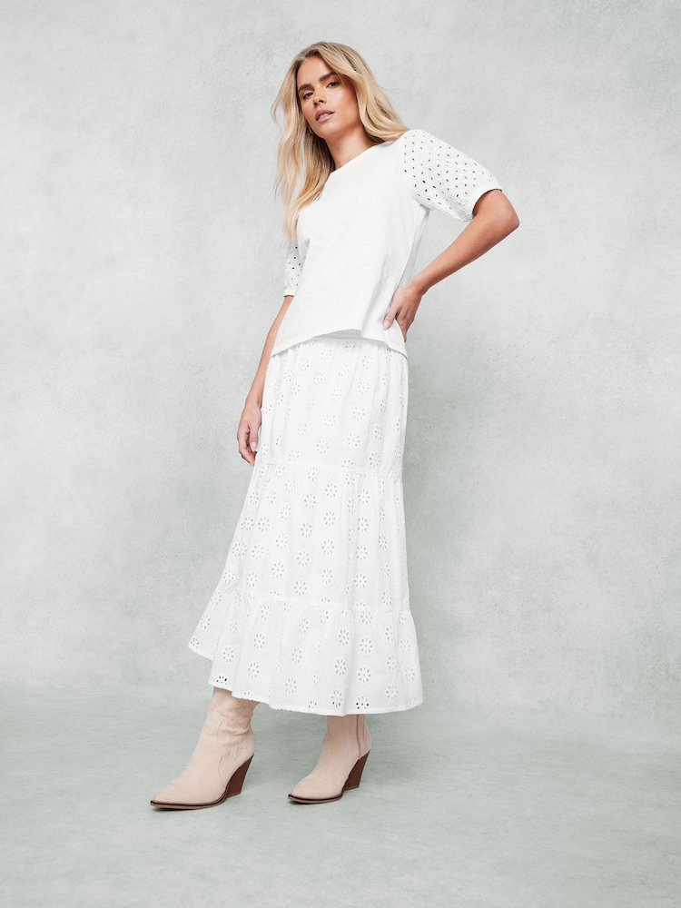 M&Co White Petite 100% Cotton Shirred Waist Broderie Skirts - Image 1 of 4