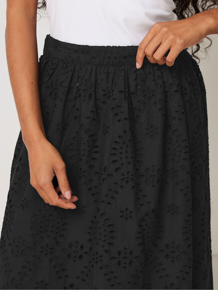 M&Co Black Petite Broderie 100% Cotton Midi Skirt - Image 4 of 5