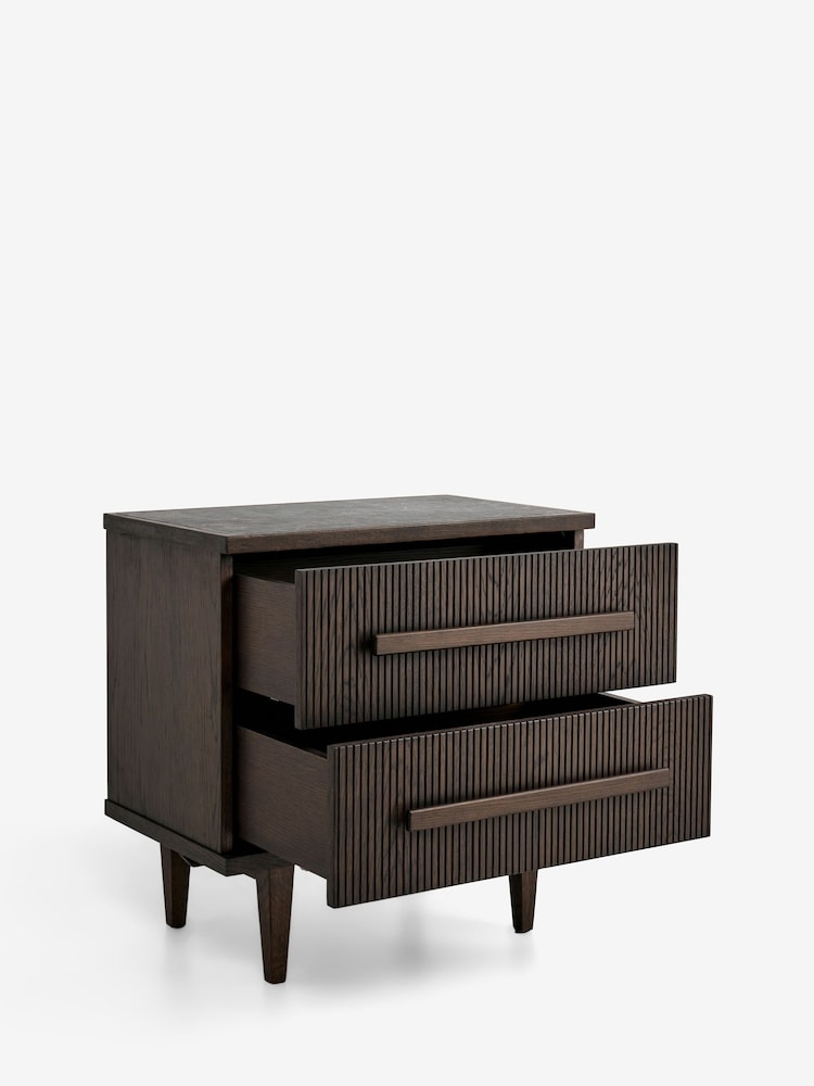Ribbed Dark Oak Brunswick Ceramic Top 2 Drawer Bedside Table - Image 1 of 6