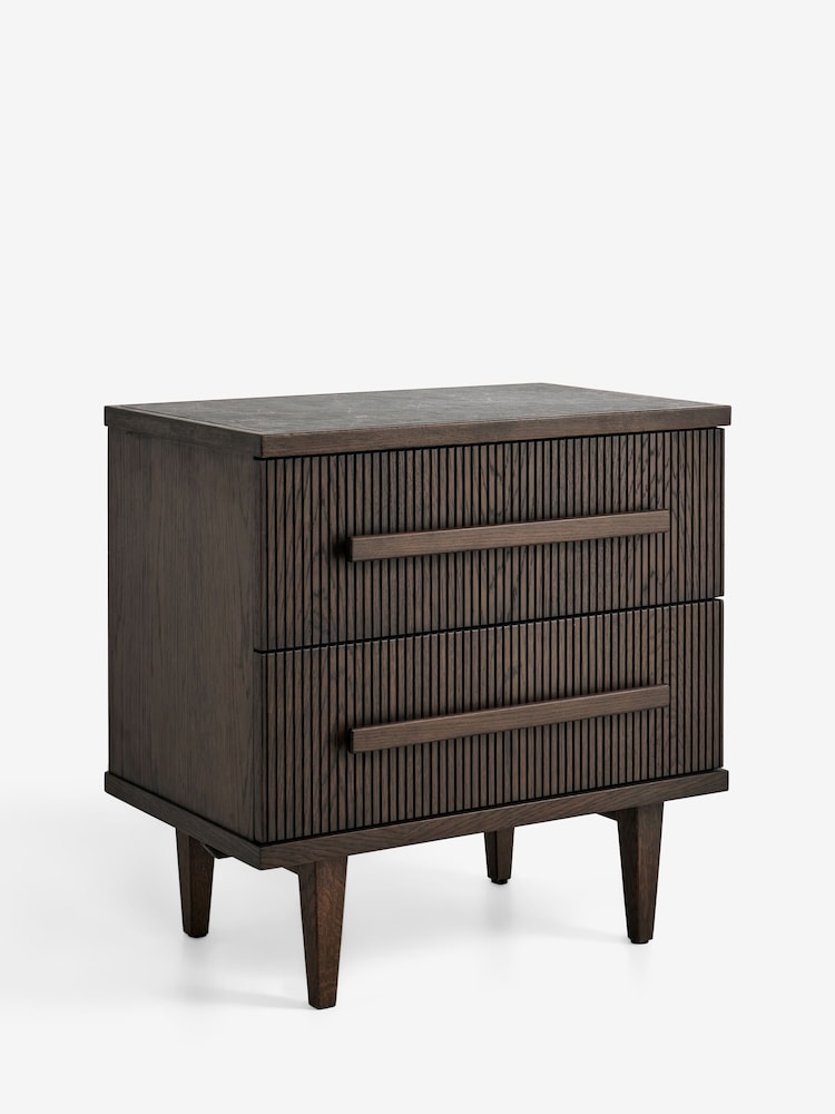 Ribbed Dark Oak Brunswick Ceramic Top 2 Drawer Bedside Table - Image 6 of 6