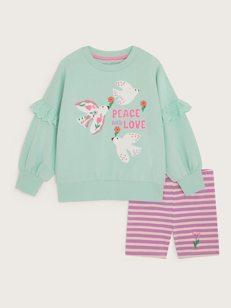 Monsoon Green Peace & Love Sweatshirt and Cycle 100% Cotton Shorts Set - Image 1 of 3